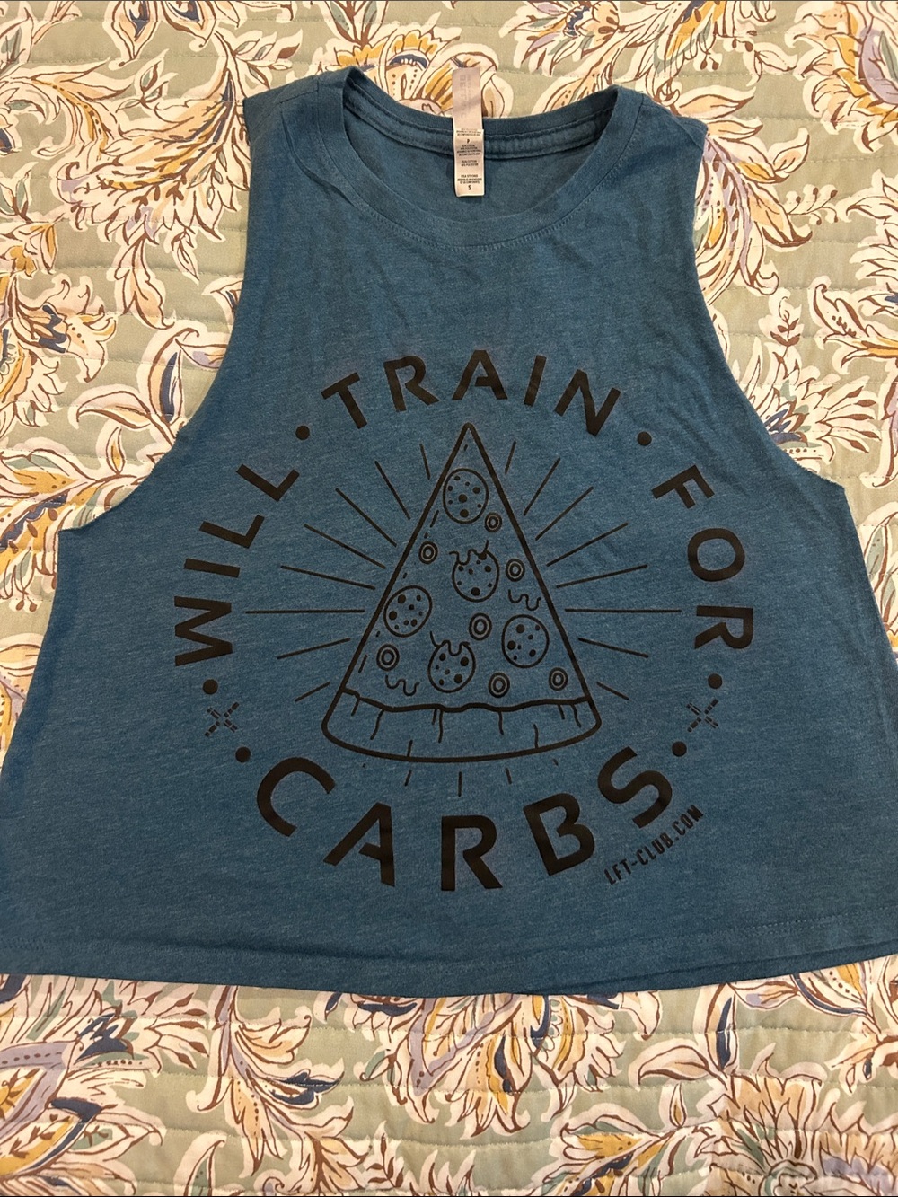 Bella Canvas Blue Graphic Crop Tank - "Will Train For Carbs"